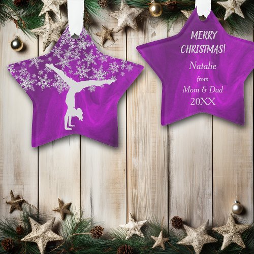 Silver Snowflake Gymnast on Purple Ornament