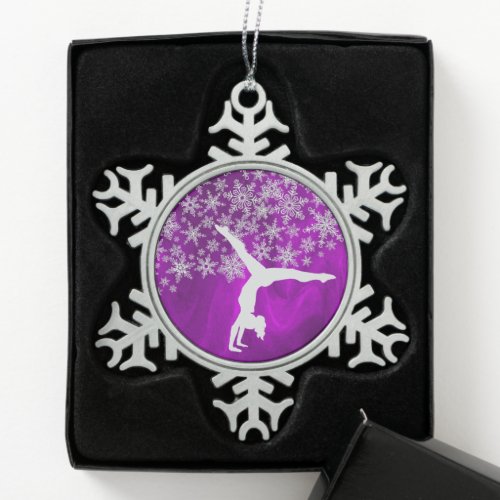 Silver Snowflake Gymnast on Violet Snowflake Pewter Christmas Ornament