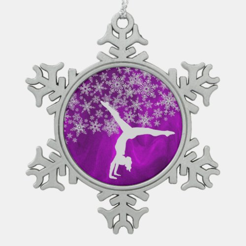 Silver Snowflake Gymnast on Violet Snowflake Pewter Christmas Ornament