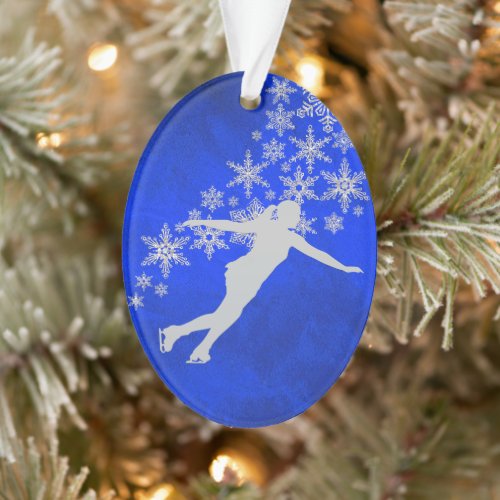 Silver Snowflake Ice Skater on Blue Ornament