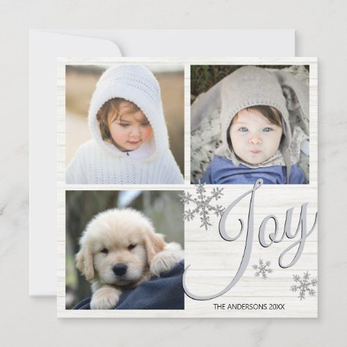 Silver Snowflake Joy Script 3 Photo Collage Holiday Card