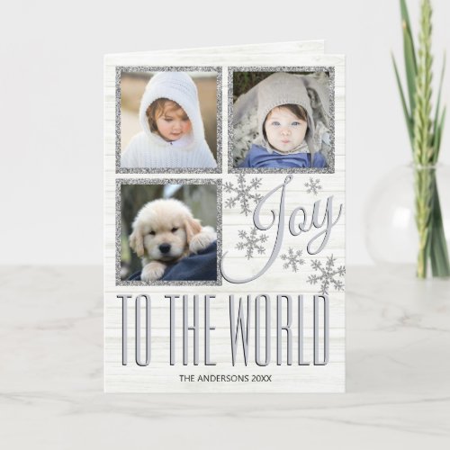 Silver Snowflake Joy To The World 3 Photo Holiday Card