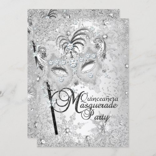 Silver Snowflake Mask Masquerade Quinceanera Invitation