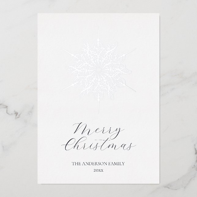 Silver Snowflake Merry Christmas Family Foil Holiday Card (Front)