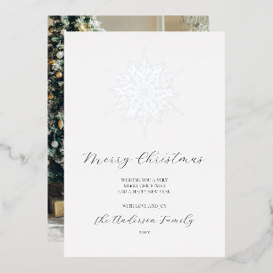 Silver Snowflake Merry Christmas Family Photo Foil Holiday Card