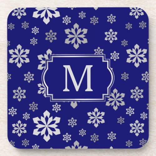 Silver Snowflake Monogram on Royal Blue Beverage Coaster