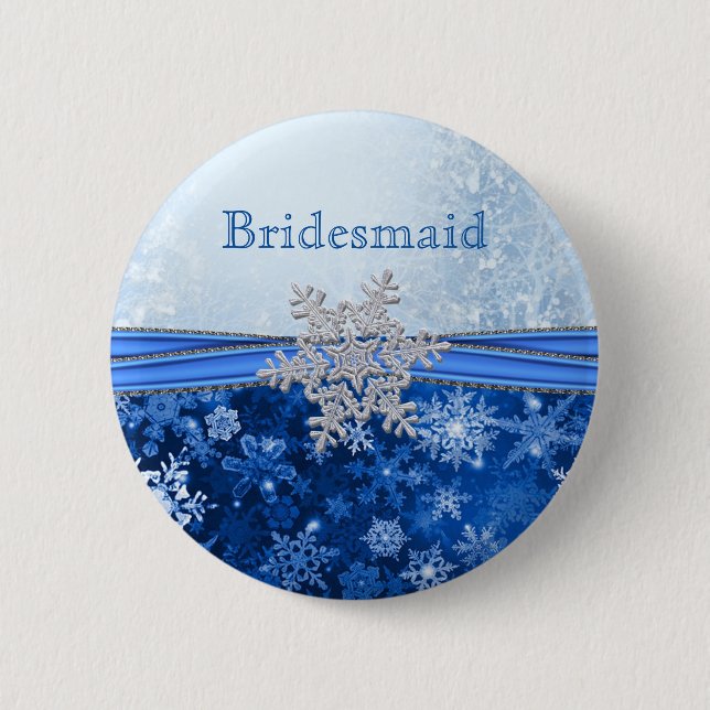 Silver snowflake on blue Bridesmaid Button (Front)