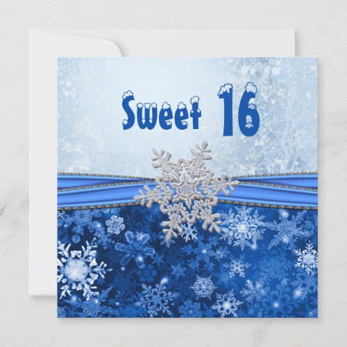 Silver snowflake on blue Sweet 16 Party Custom Announcements