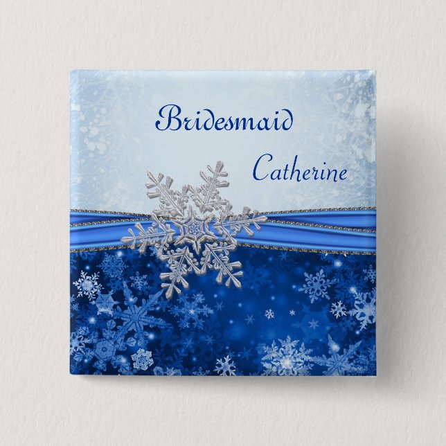 Silver snowflake on blue Wedding Bridesmaid Pinback Button (Front)