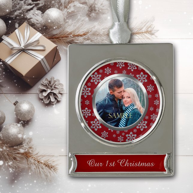 Silver Snowflake on Red First Christmas Plated Banner Ornament (Creator Uploaded)
