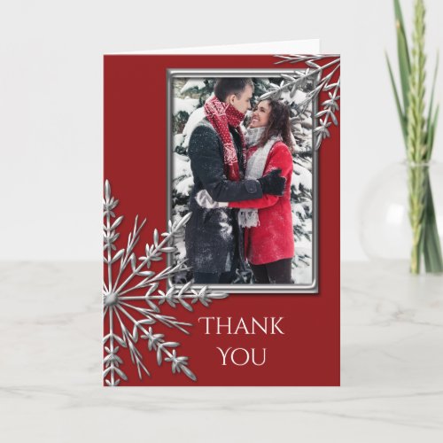 Silver Snowflake on Red Thank You Note Photo Card
