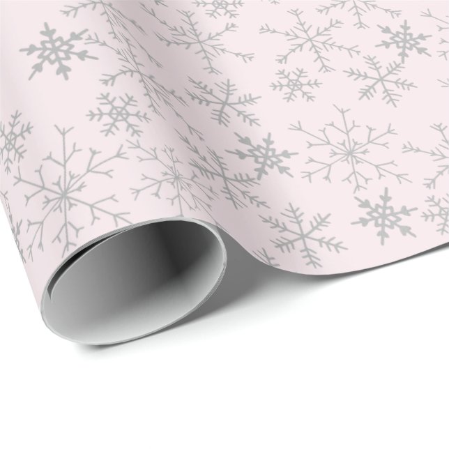 Silver Snowflake Pattern on Pink Christmas Winter Wrapping Paper (Roll Corner)