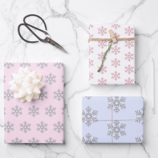 Silver Snowflake Pattern Pink Blue White Christmas Wrapping Paper Sheets (Front)