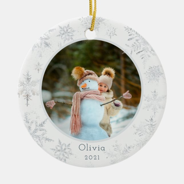 Silver Snowflake Photo Ceramic Ornament (Front)