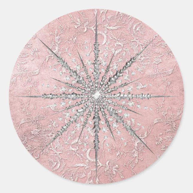 Silver snowflake pink elegant vintage winter classic round sticker | Zazzle