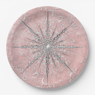 Silver snowflake pink elegant vintage winter paper plates
