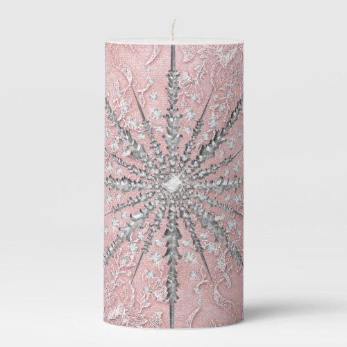 Silver snowflake pink elegant vintage winter   pillar candle