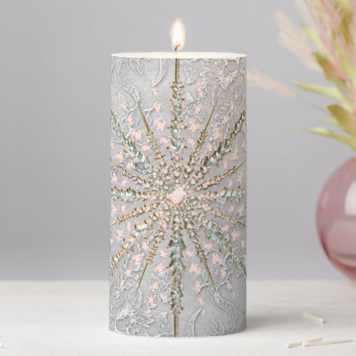 Silver snowflake pink elegant vintage winter   pillar candle