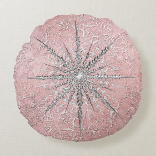 Silver snowflake pink elegant vintage winter  round pillow