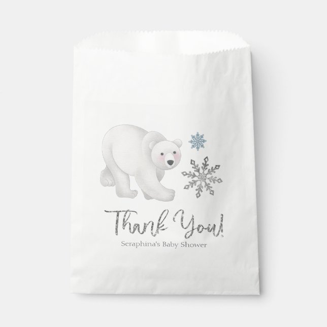 Silver Snowflake Polar Bear Baby Shower Thank You Favor Bag (Front)