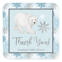 Silver Snowflake Polar Bear Baby Shower Thank You Square Sticker