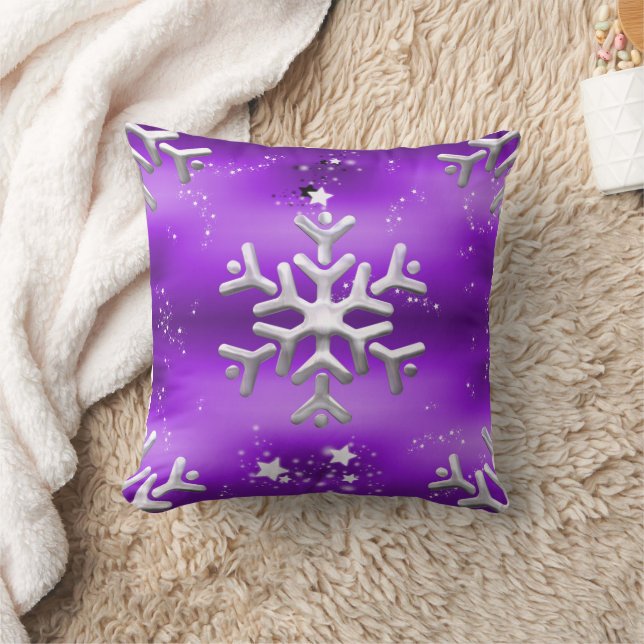Silver Snowflake Purple Christmas Throw Pillow (Blanket)
