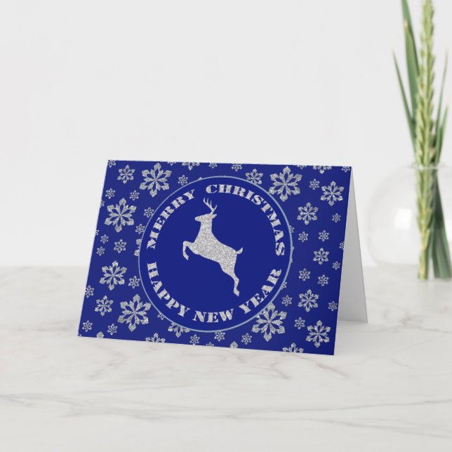 Silver Snowflake Reindeer Blue Christmas  Holiday Card (Front)