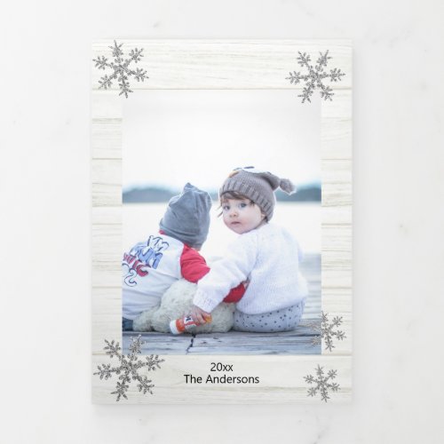 Silver Snowflake Rustic Christmas 3 Photo Tri_Fold Holiday Card