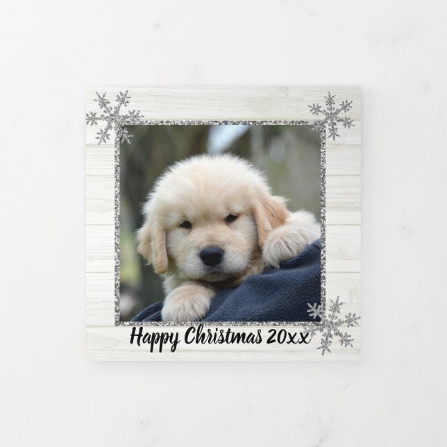 Silver Snowflake Rustic Christmas 4 Photo Tri-Fold Holiday Card (Cover)