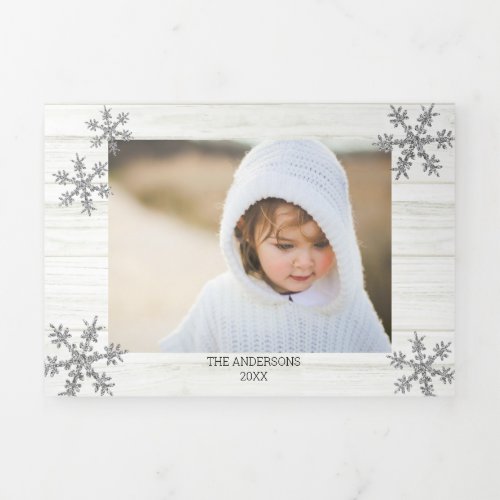 Silver Snowflake Rustic Christmas 5 Photo Tri_Fold Holiday Card