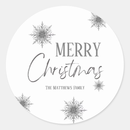 Silver Snowflake Script Merry Christmas  Classic Round Sticker