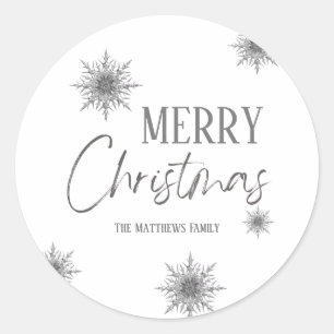 Silver Snowflake Script Merry Christmas Classic Round Sticker