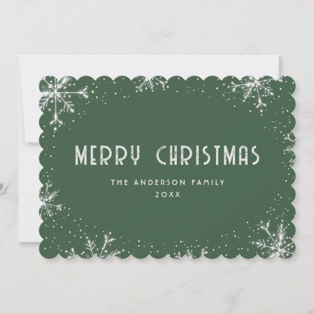 Silver Snowflake Snow Modern Green Christmas Card (Front)
