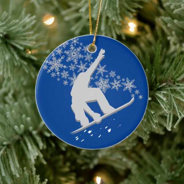 Silver Snowflake Snowboarder Personalized Ceramic Ornament (Tree)