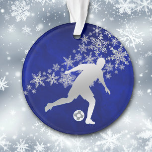 Silver Snowflake Soccer Player on Blue Ornament