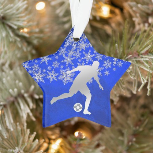 Silver Snowflake Soccer Player on Blue Ornament