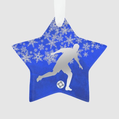 Silver Snowflake Soccer Player on Blue Ornament