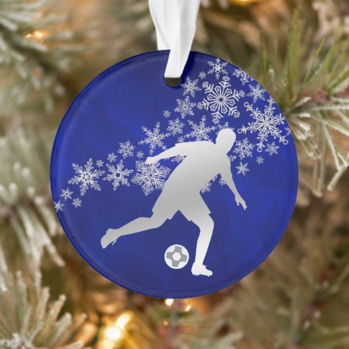 Silver Snowflake Soccer Player on Blue Ornament