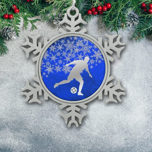 Silver Snowflake Soccer Player on Blue Pewter Christmas Ornament