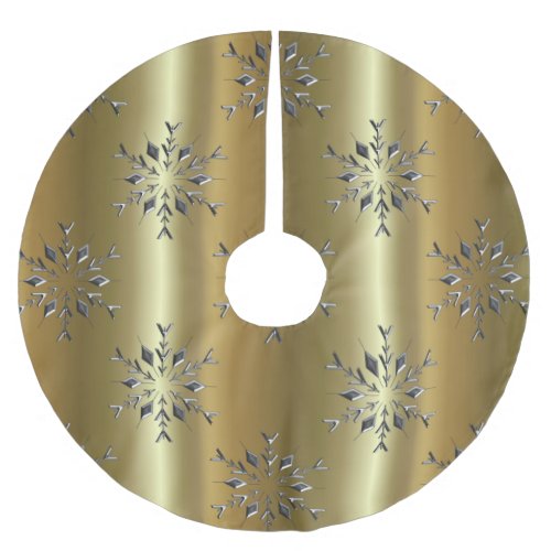 Silver Snowflake Stars on Gold Brushed Polyester Tree Skirt