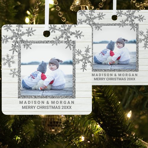 Silver Snowflake Stylish Double Sided Photo Metal Ornament
