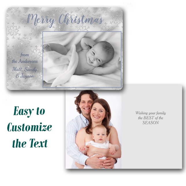 Silver Snowflake Two Photo Template Christmas Card (Creator Uploaded)