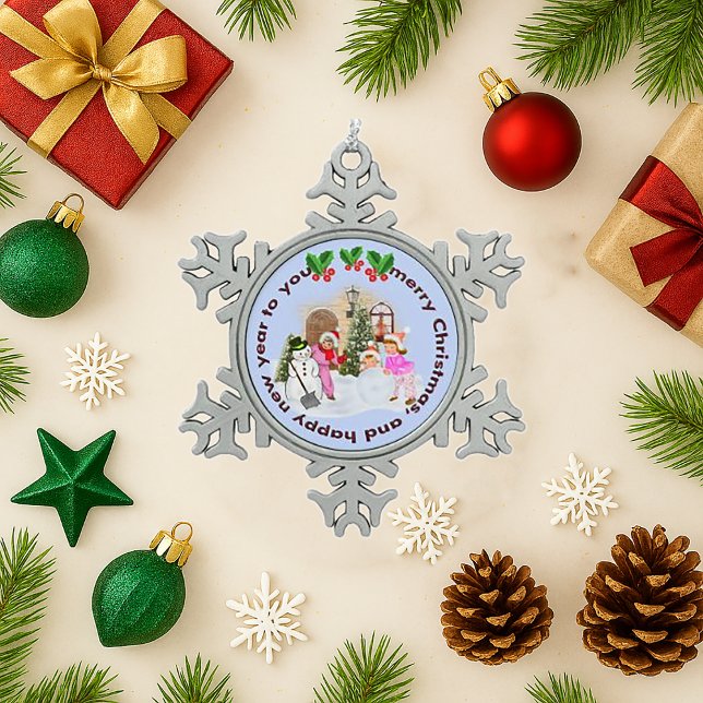 Silver Snowflake Vintage Children Snowman Pewter Christmas Ornament (Creator Uploaded)