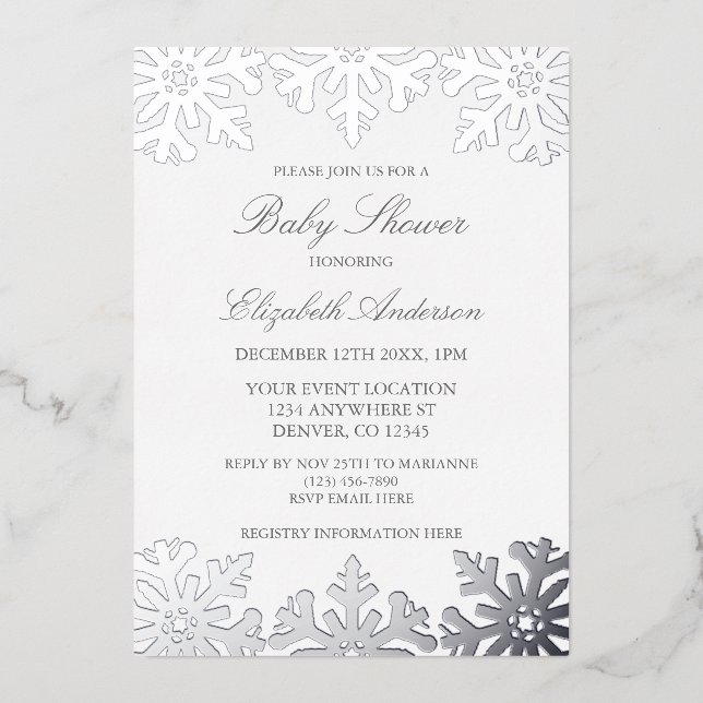 Silver Snowflake Winter Baby Shower Foil Invitation (Front)