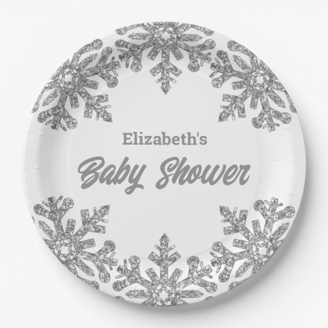 Silver Snowflake Winter Baby Shower Paper Plates (Front)