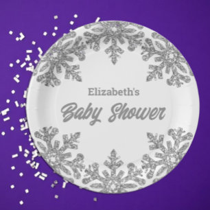 Silver Snowflake Winter Baby Shower Paper Plates