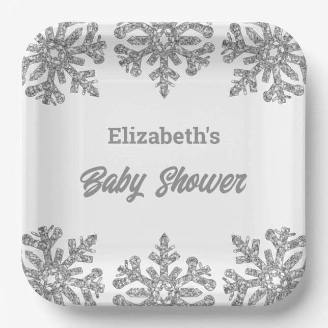Silver Snowflake Winter Baby Shower Paper Plates (Front)