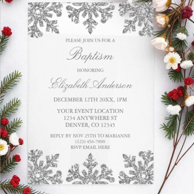 Silver Snowflake Winter Baptism Acrylic Invitations (Creator Uploaded)