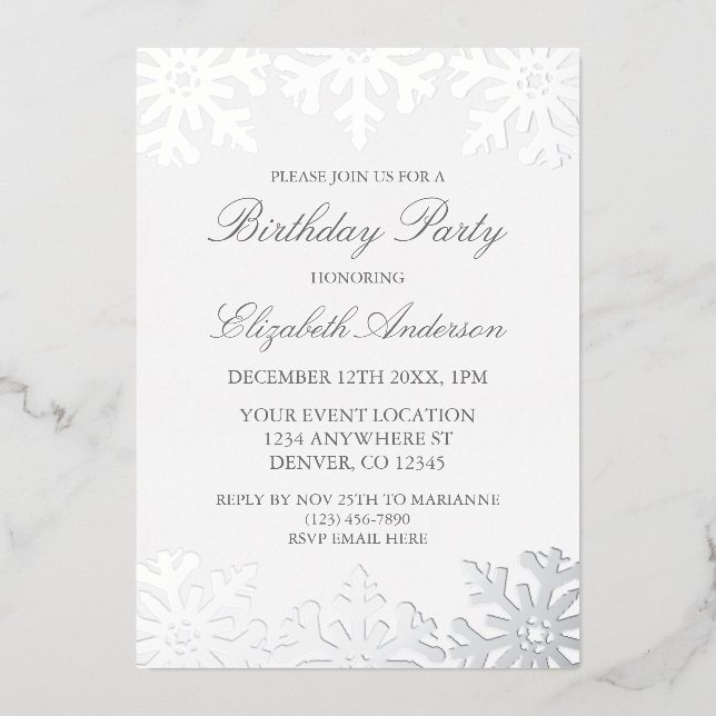 Silver Snowflake Winter Birthday Foil Invitation (Front)