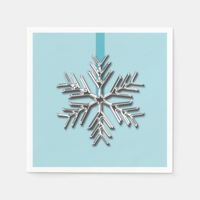 Silver Snowflake Winter Blue Ribbon Christmas Xmas Napkins (Front)